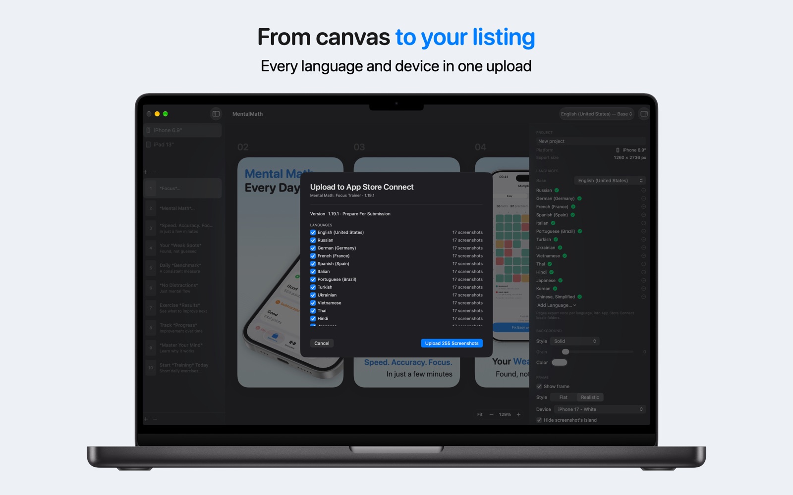 From canvas to your listing — the Upload to App Store Connect sheet with every language and device in one upload