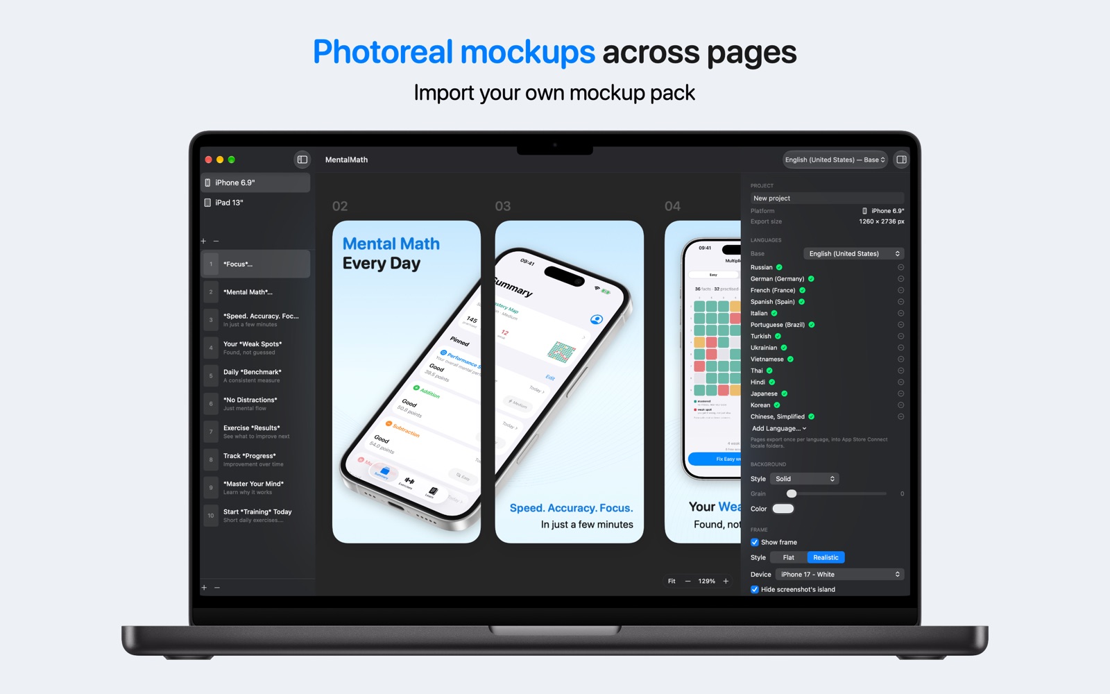 Photoreal mockups across pages — a tilted iPhone spanning three screenshot pages