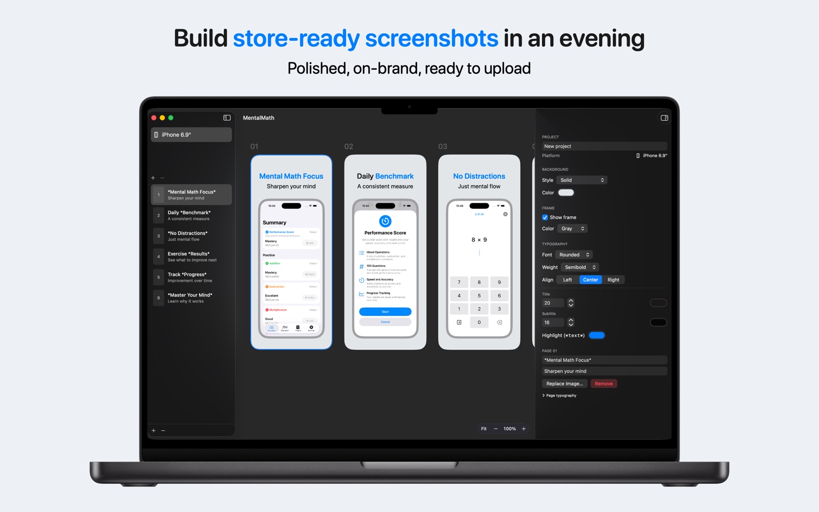 Build store-ready screenshots in an evening — three iPhone pages with captions in the Framely canvas