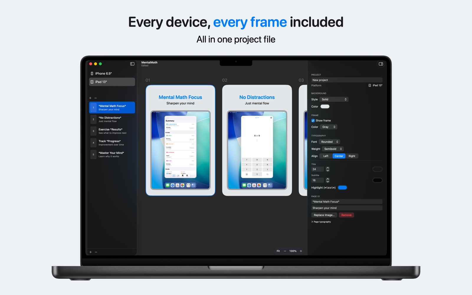 Every device, every frame included — iPad pages in the same project file