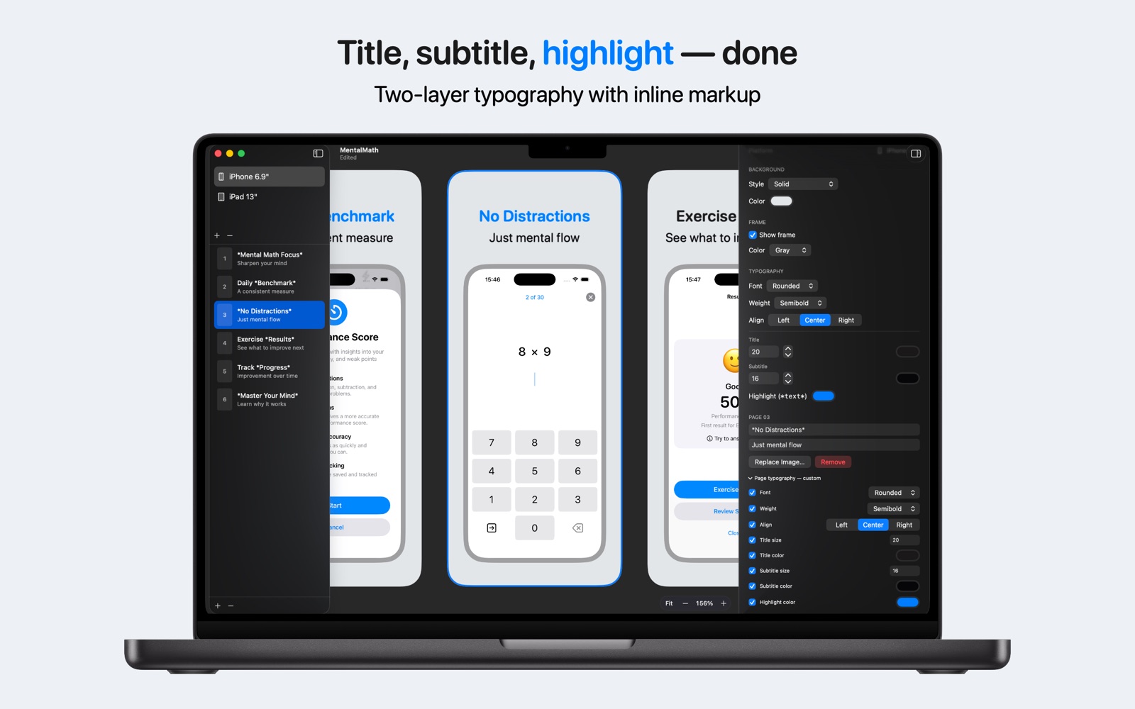 Title, subtitle, highlight — two-layer typography with inline markup