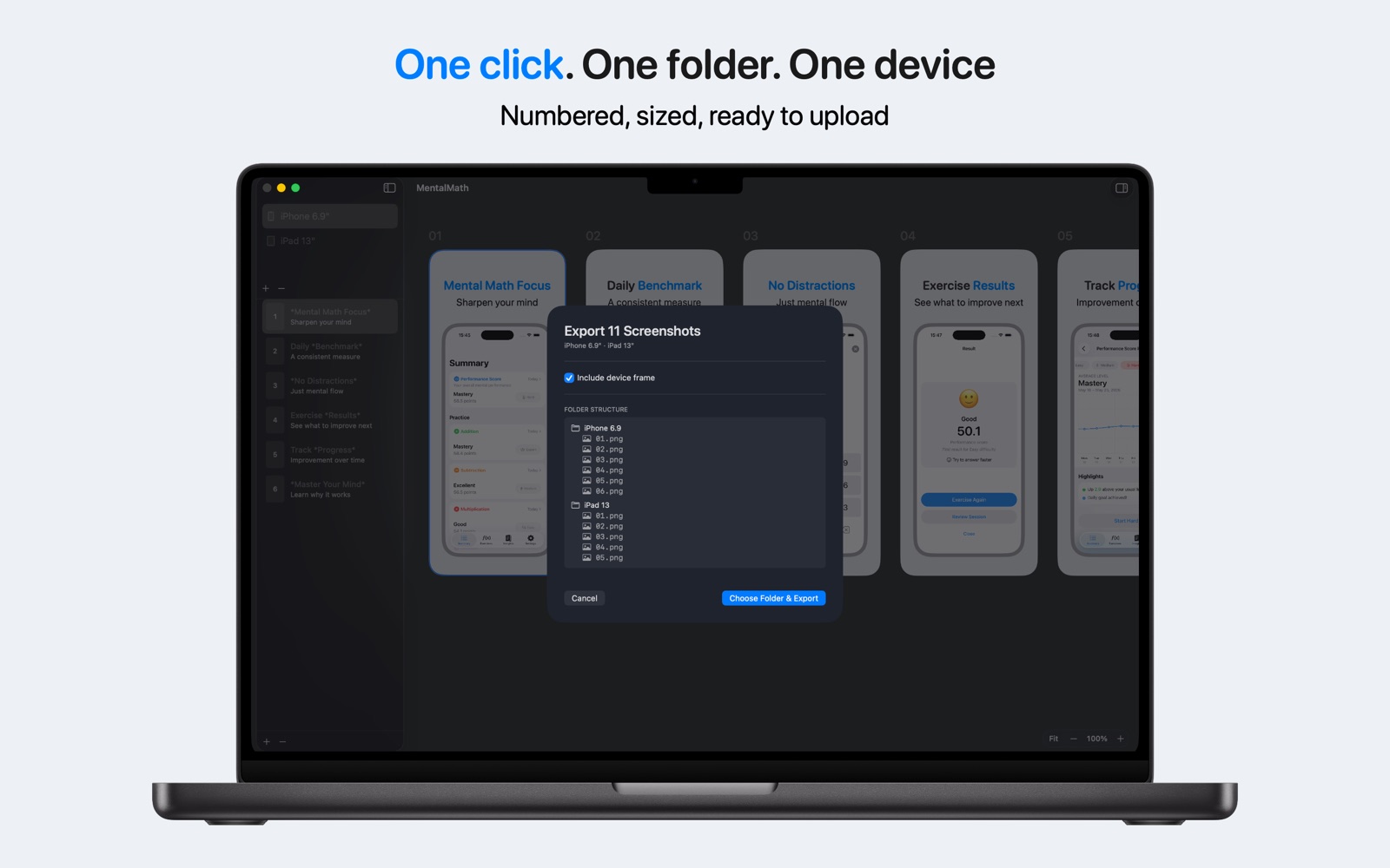 One click, one folder, one device — the export sheet with a numbered folder per platform