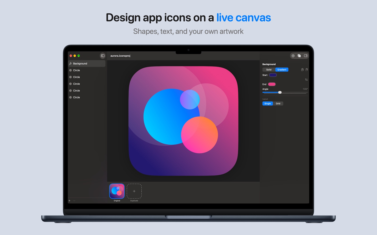 Design app icons on a live canvas — overlapping gradient circles in the Iconly canvas, with the gradient editor in the inspector