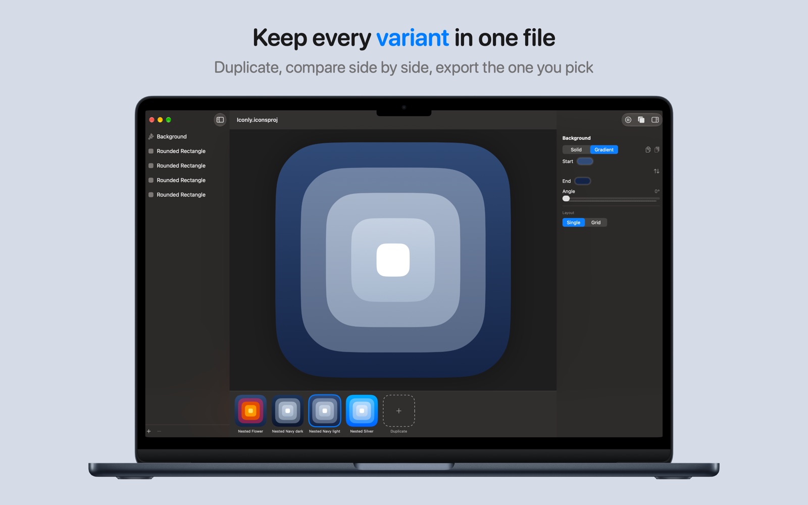 Keep every variant in one file — four color variants of a nested-square icon in the strip under the canvas