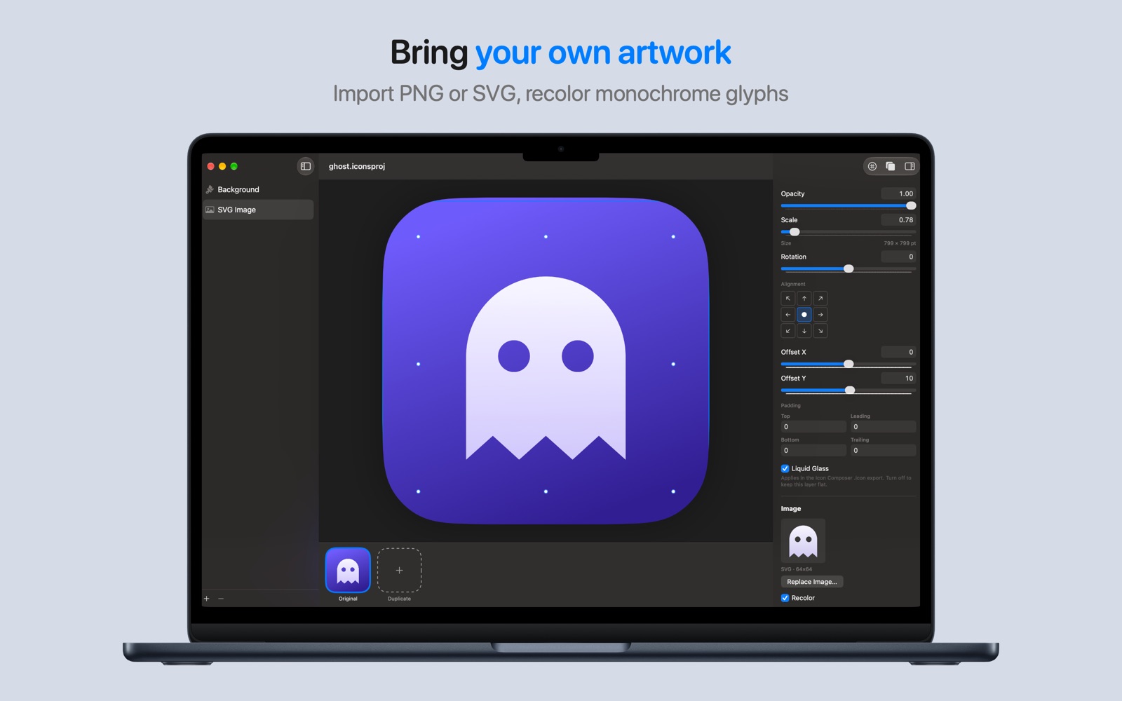 Bring your own artwork — an imported ghost SVG on a violet gradient, with Recolor on in the inspector