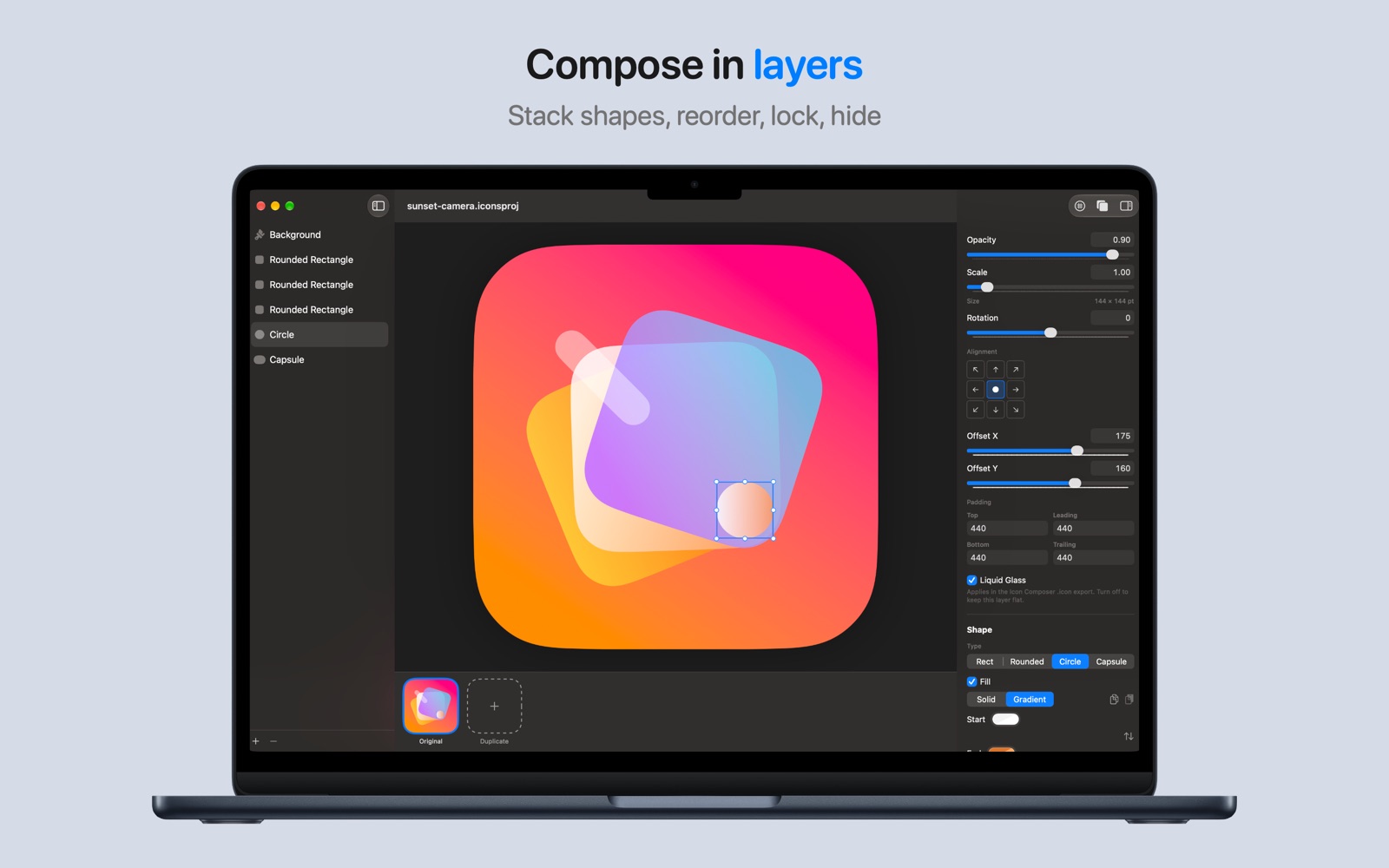Compose in layers — a camera icon built from stacked shapes, with scale, rotation, and padding controls