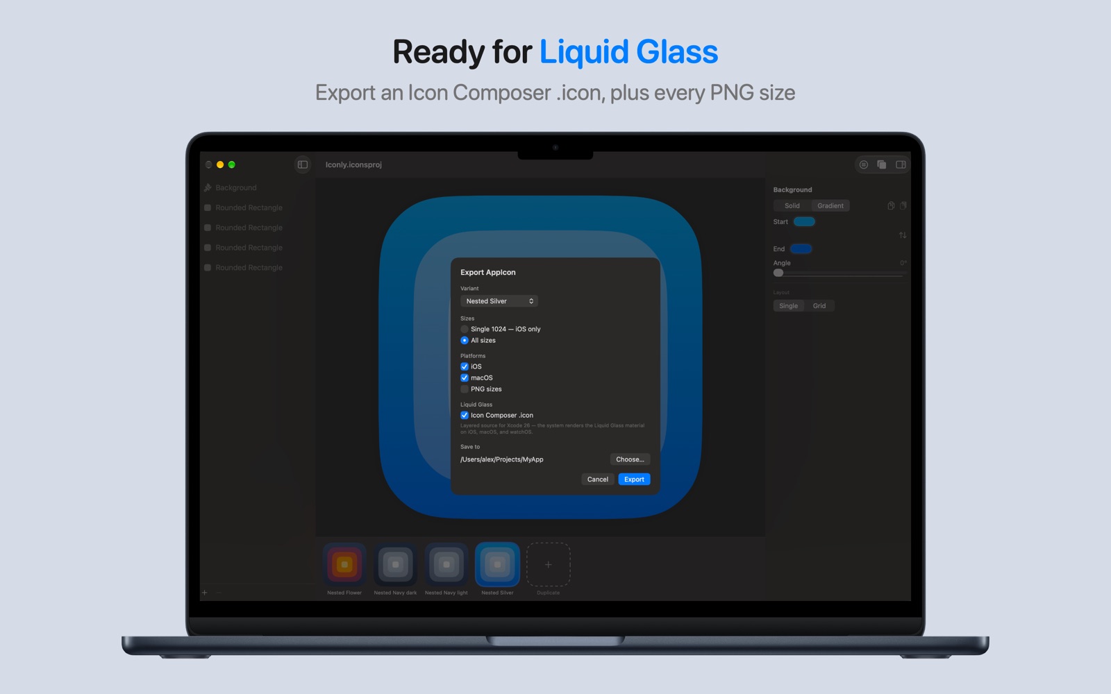 Ready for Liquid Glass — the Export AppIcon sheet with the Icon Composer .icon option checked