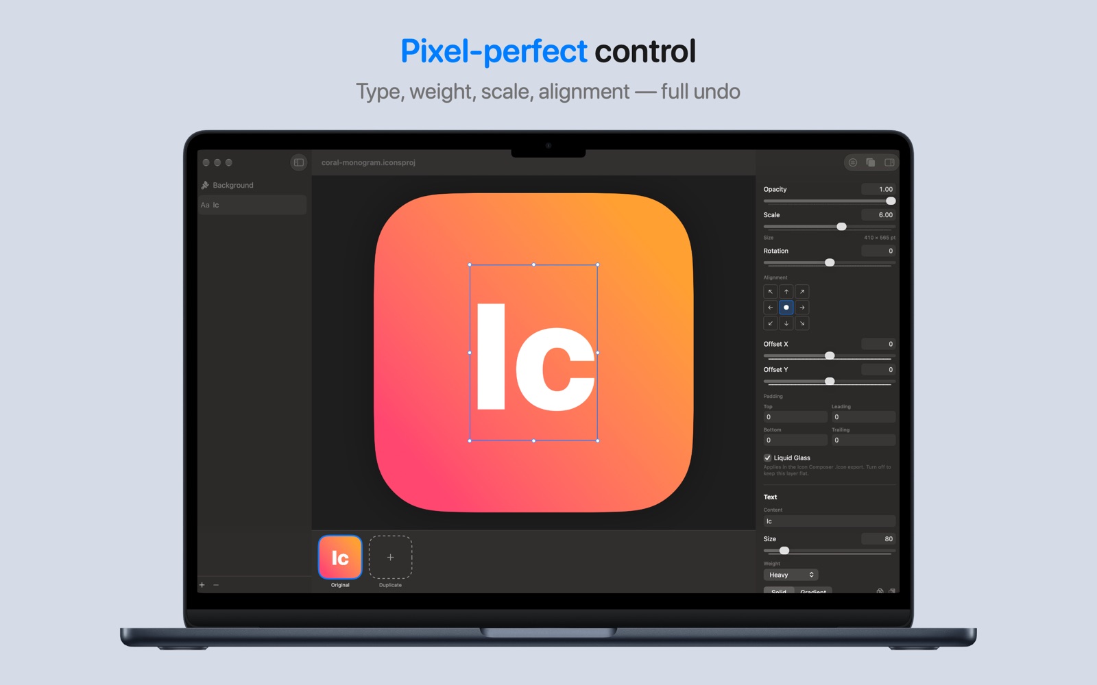 Pixel-perfect control — a text monogram with size, weight, and alignment controls