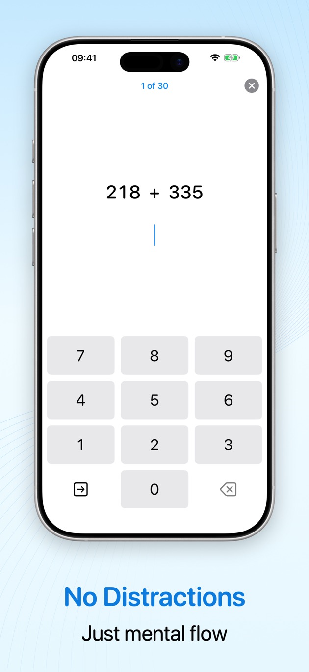 Distraction-free exercise screen with a clean number pad